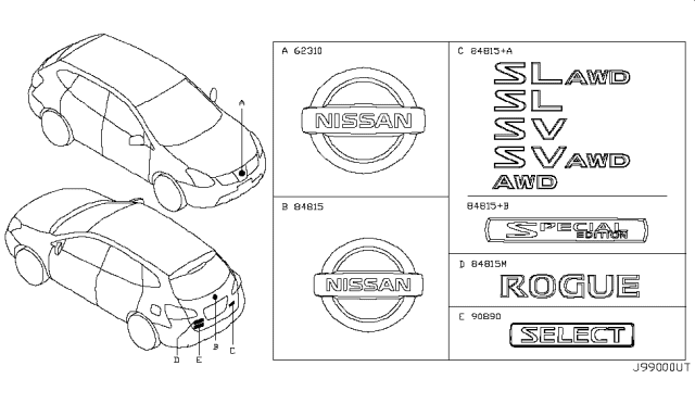 2015 Nissan Rogue Emblem & Name Label Diagram