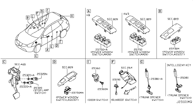 2009 Nissan Rogue Switch Assy-Power Window,Main Diagram for 25401-JM00B