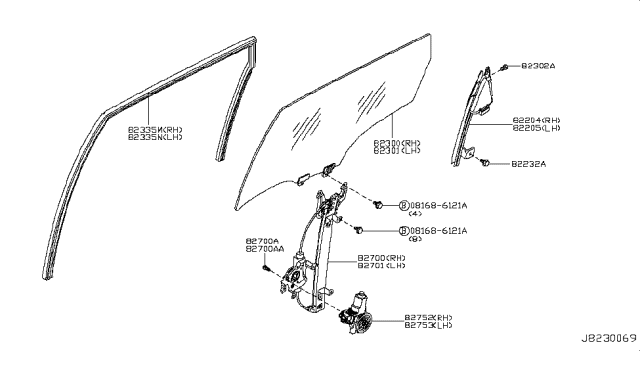 2009 Nissan Rogue Rear Door Window & Regulator Diagram