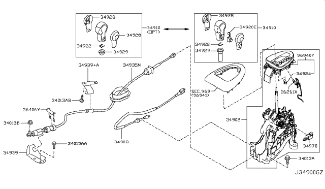 2009 Nissan Rogue Transmission Shift Assembly Automatic Diagram for 34901-JM000