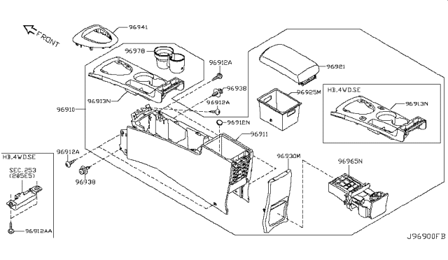 2010 Nissan Rogue Pocket-Console,Rear Diagram for 96925-JM00A