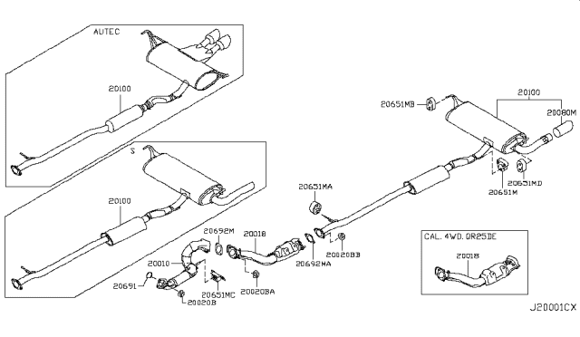 2009 Nissan Rogue Exhaust, Main Muffler Assembly Diagram for 20100-JM10B