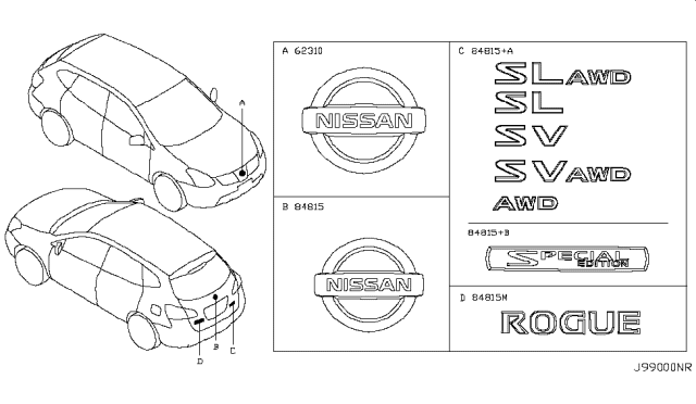 2011 Nissan Rogue Emblem & Name Label Diagram 1