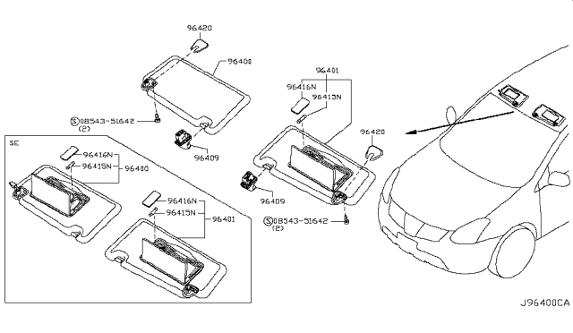 2010 Nissan Rogue Passenger Side Sun Visor Assembly Diagram for 96400-JM40A