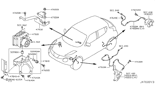 2016 Nissan Juke Sensor Assembly Anti Ski, Rear Diagram for 47900-1KA0B