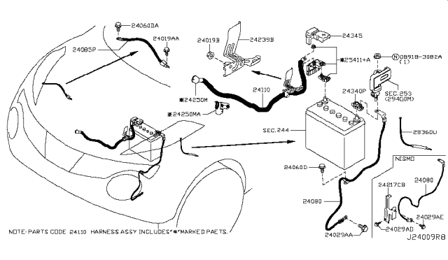 2014 Nissan Juke Cable Assembly-Battery To STARTOR Motor Diagram for 24110-1KL0A