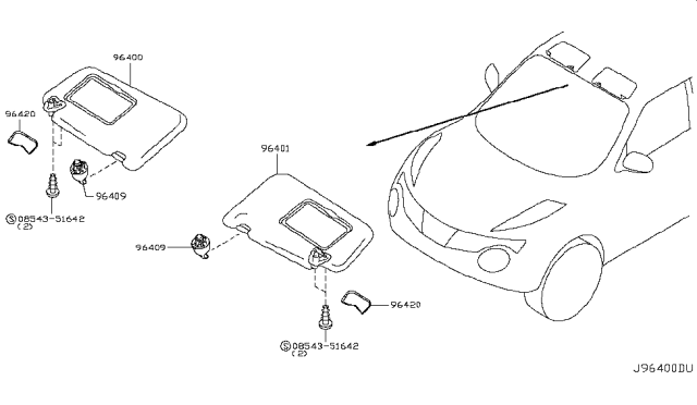 2013 Nissan Juke Right Sun Visor Assembly Diagram for 96400-3YW1A