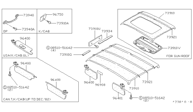 1982 Nissan 720 Pickup HEADLINING Blk Diagram for 73910-04W00