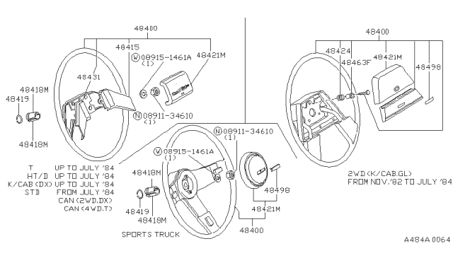 1985 Nissan 720 Pickup Steering Wheel Assembly Diagram for 48400-47W22