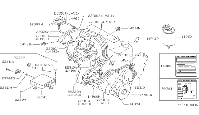 1985 Nissan 720 Pickup Hose Vacuum Diagram for 22320-80W20