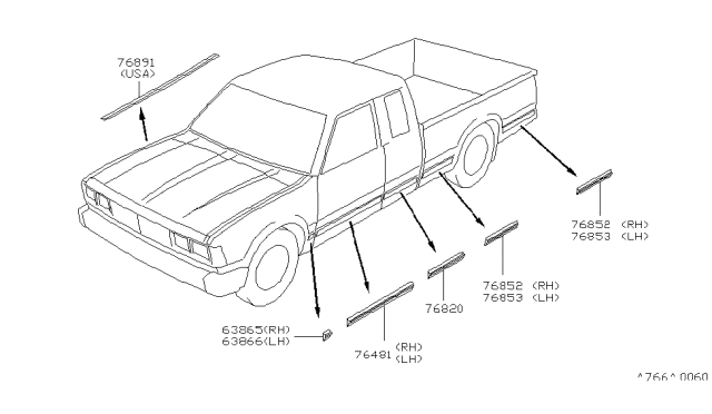 1985 Nissan 720 Pickup 720BODY Side Molding LHDR Diagram for 80873-S3500