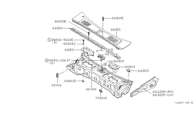 1982 Nissan 720 Pickup Cowl Top & Fitting Diagram