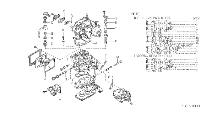 1982 Nissan 720 Pickup Repair Kit A Diagram for 16009-10W00