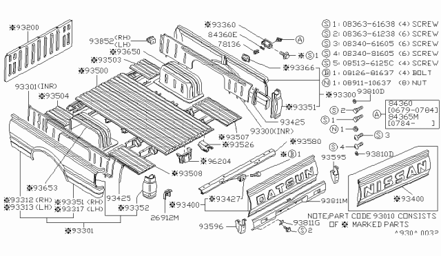 1983 Nissan 720 Pickup Floor Assembly LBED Diagram for 93500-01W10