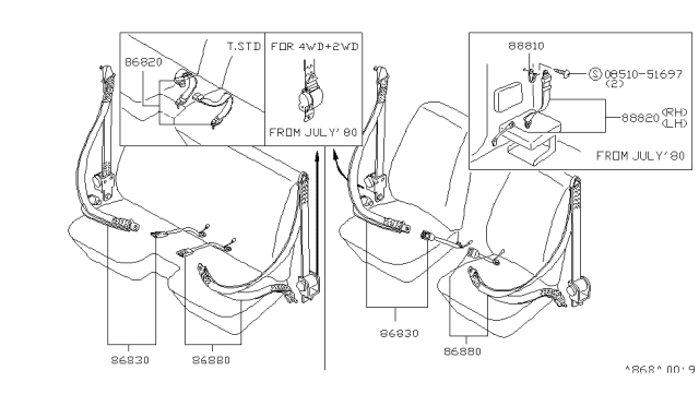1980 Nissan 720 Pickup Front Seat Belt Set, 3Point Left Diagram for 86880-44W10
