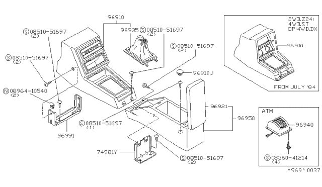 1985 Nissan 720 Pickup Console Box BRN Diagram for 96910-08W01