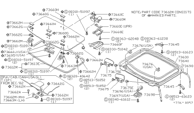 1983 Nissan 720 Pickup Frame SUNROOF Diagram for 73850-10W00