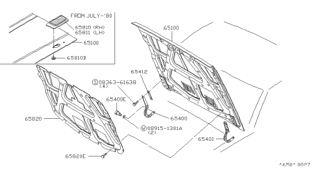 1986 Nissan 720 Pickup Hood Panel,Hinge & Fitting Diagram