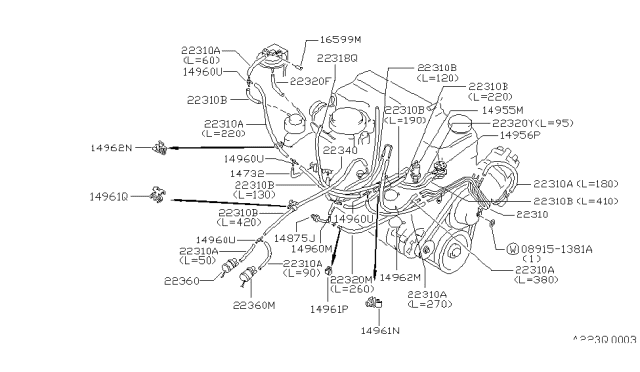 1983 Nissan 720 Pickup Hose Vacuum Center Diagram for 22320-10W05