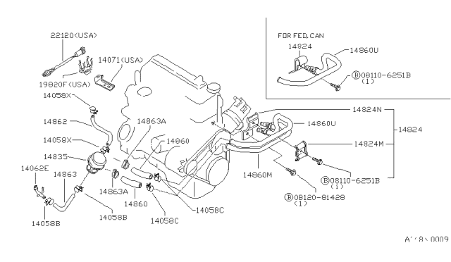 1985 Nissan 720 Pickup EAI Pipe Support Diagram for 14824-W7002