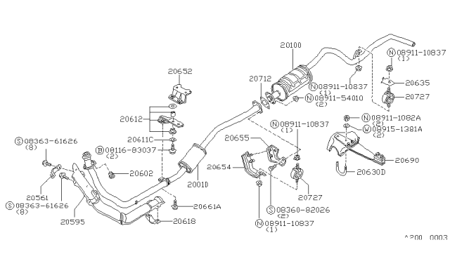 1982 Nissan 720 Pickup Exhaust Tube & Muffler Diagram 3