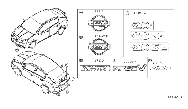 2008 Nissan Sentra Emblem & Name Label Diagram 2