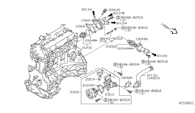 2011 Nissan Sentra Gasket-Water Inlet Diagram for 13050-ET00A