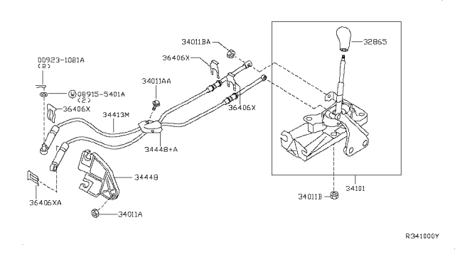 2008 Nissan Sentra Manual Transmission Control Cable Assembly Diagram for 34413-ET80A