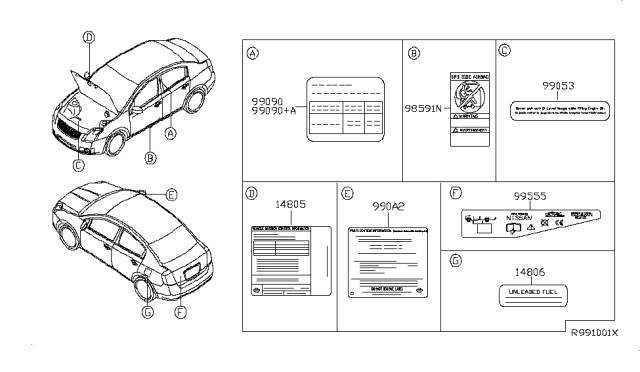 2010 Nissan Sentra Caution Plate & Label Diagram