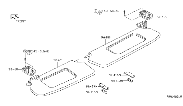 2010 Nissan Sentra Left Sun Visor Assembly Diagram for 96401-ET20C