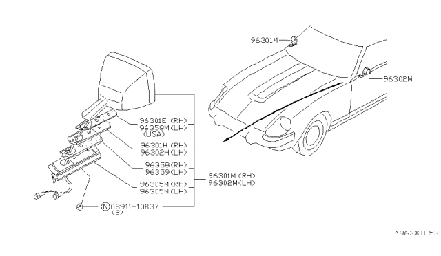 1983 Nissan 280ZX Mirror Out L Diagram for 96302-P9100