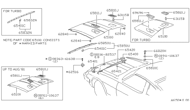 1981 Nissan 280ZX Rubber Seal Hood Diagram for 65810-P9150