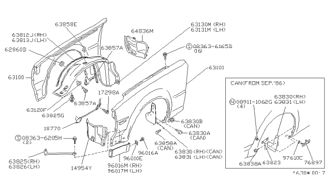 1986 Nissan 300ZX Fender Front LH Diagram for 63101-01P00