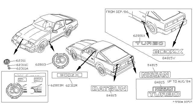 1987 Nissan 300ZX Rear Window Name Label Gray Diagram for 99099-21P11