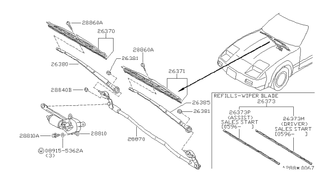 1987 Nissan 300ZX Windshield Wiper Blade Assembly Diagram for 28890-01P68