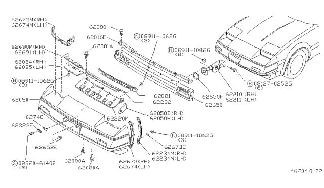 1985 Nissan 300ZX Bracket Front Bumper RH Diagram for 62120-01P00