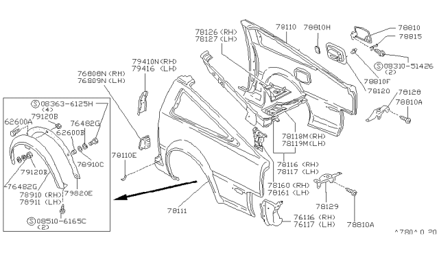 1986 Nissan 300ZX Fender Assembly-Rear RH Diagram for 78112-21P60