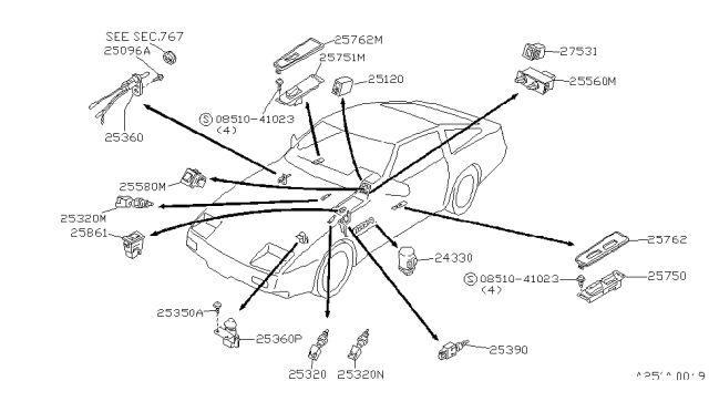 1986 Nissan 300ZX Power Window Switch Diagram for 25412-17P01