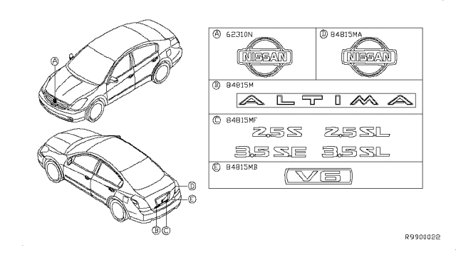 2010 Nissan Altima Emblem & Name Label Diagram 1