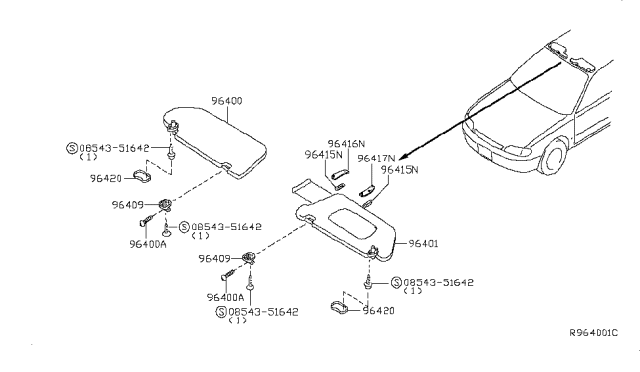 2009 Nissan Altima Right Sun Visor Assembly Diagram for 96400-ZX05A