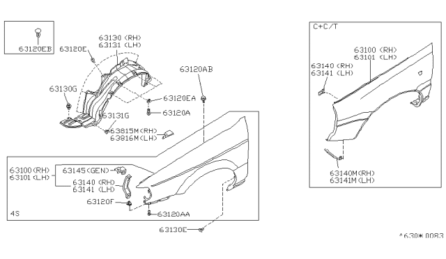 1992 Nissan Sentra Front Fender & Fitting Diagram