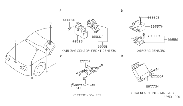 1993 Nissan Sentra Clock Spring Steering Air Bag Wire Diagram for B5554-65Y00