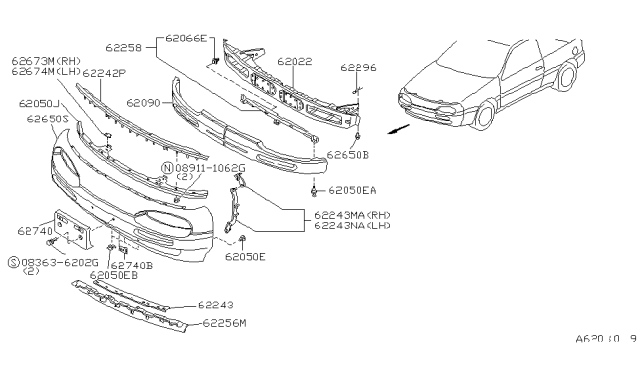 1994 Nissan Sentra Bracket-Apron,R Diagram for 62662-61Y60