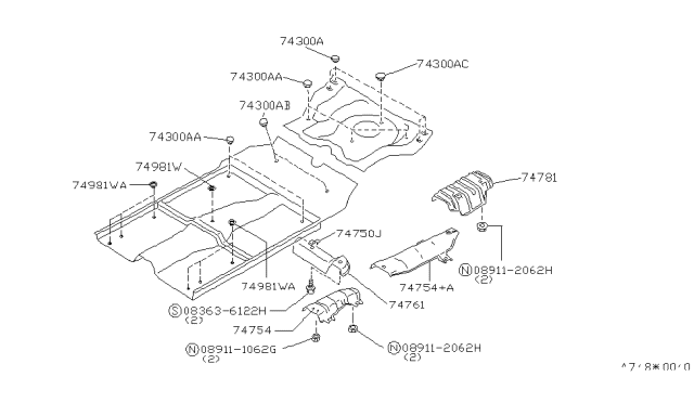 1993 Nissan Sentra INSULATOR Assembly-Heat,Front Floor Rear Diagram for 74755-65Y00