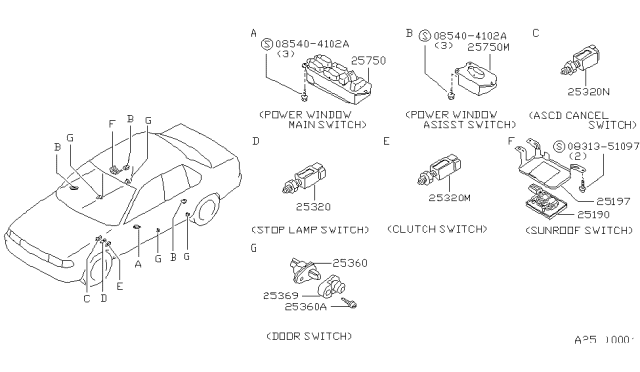 1993 Nissan Sentra Switch Assy-Power Window,Assist Diagram for 25411-69Y00