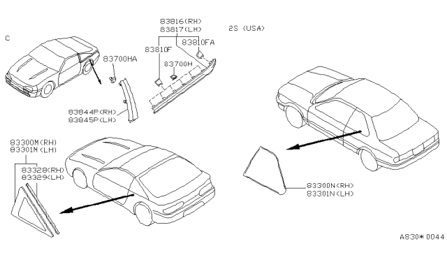 1992 Nissan Sentra Glass Assy-Side Window,RH Diagram for 83306-61Y00