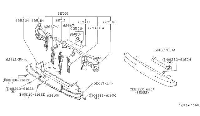 1991 Nissan Sentra Support Radiator Core Diagram for 62516-65Y25