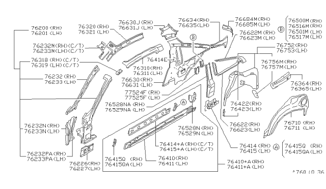 1992 Nissan Sentra LH Inner Roof Rail Diagram for 76331-65Y36