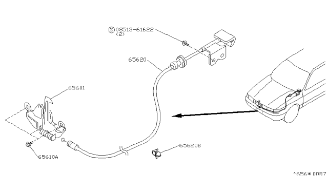 1992 Nissan Sentra Cable Assembly-Hood Lock Diagram for 65620-64Y00