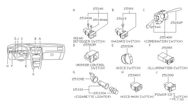 1992 Nissan Sentra Switch Assy-Rear Defogger Diagram for 25350-65Y00